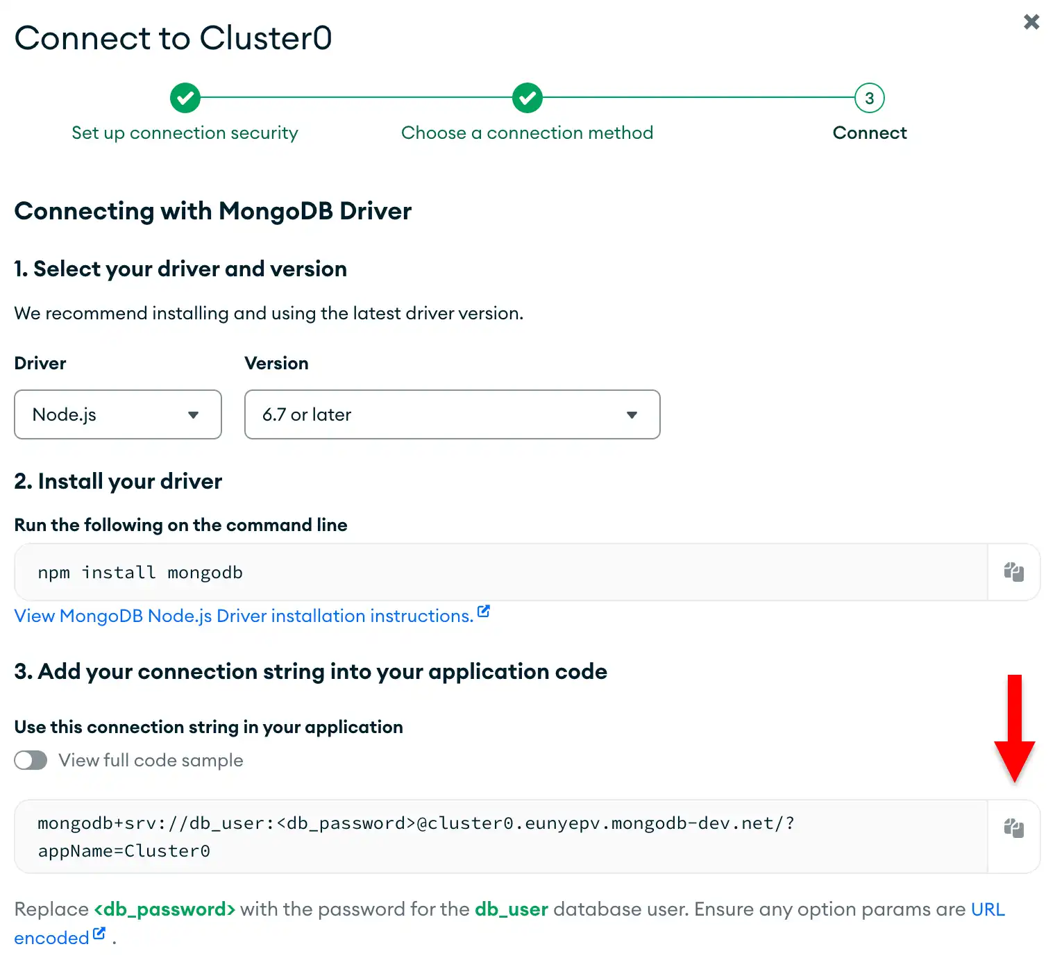 The copy button next to the connection string in the Atlas UI